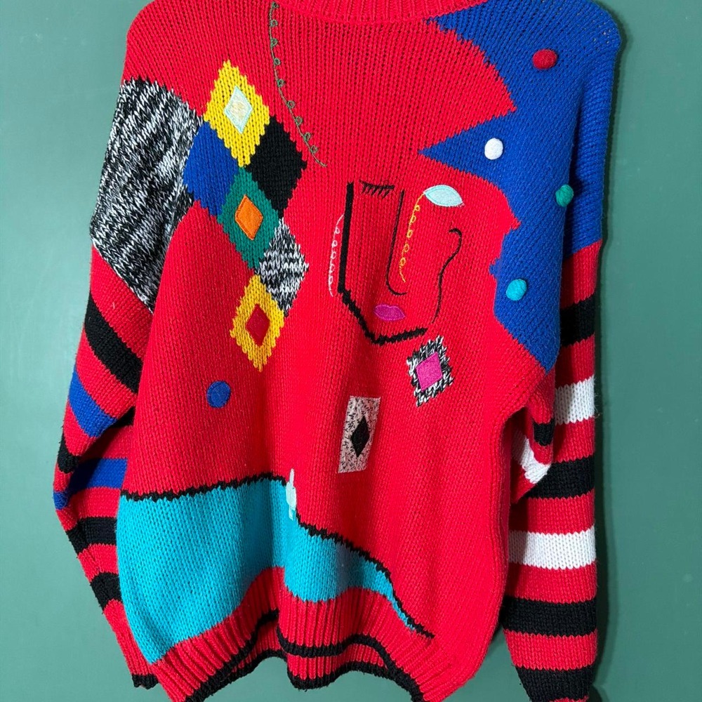 Adrian Spencer Vintage 80s Abstract Face Geometric Sweater Red Blue Black Large